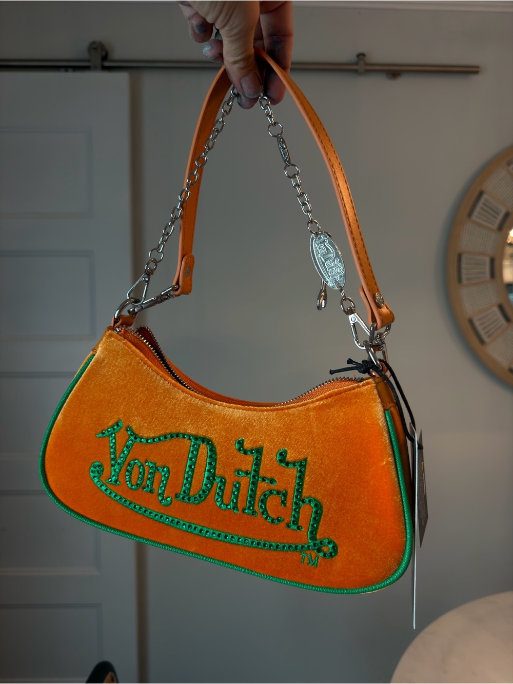 Von Dutch Orange Velvet Shoulder Bag with Green Embroidery